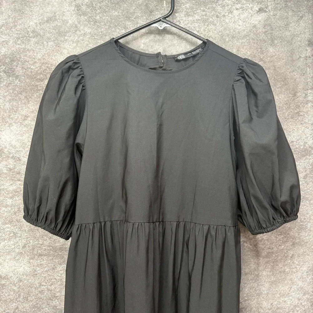 ZARA Puff Sleeve Tiered Mini Dress Size S Black Cut Out Tie Back